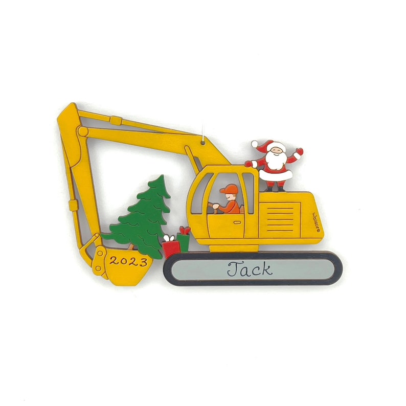 Personalized Christmas Excavator Construction Ornament Wood, Laser Cut, Hand Painted image 1