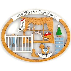 Personalized Baby's First Christmas Ornament for Baby Girl or Boy Wood, Laser Cut, Hand Painted Blue