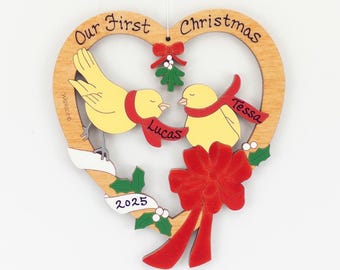 Personalisierte Liebe Vogel Paar Weihnachtsverzierung - Holz, Laser geschnitten, handbemalt