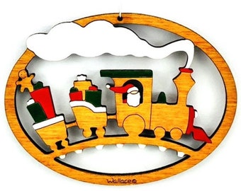 Personalized Mini Children's Santa Train Christmas Ornament- Wood, Laser Cut, Hand Painted