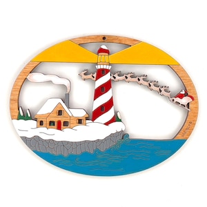 Lighthouse Winter Christmas Scene Ornament-Wood, Laser Cut, Hand Painted