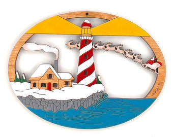 Lighthouse Winter Christmas Scene Ornament-Wood, Laser Cut, Hand Painted