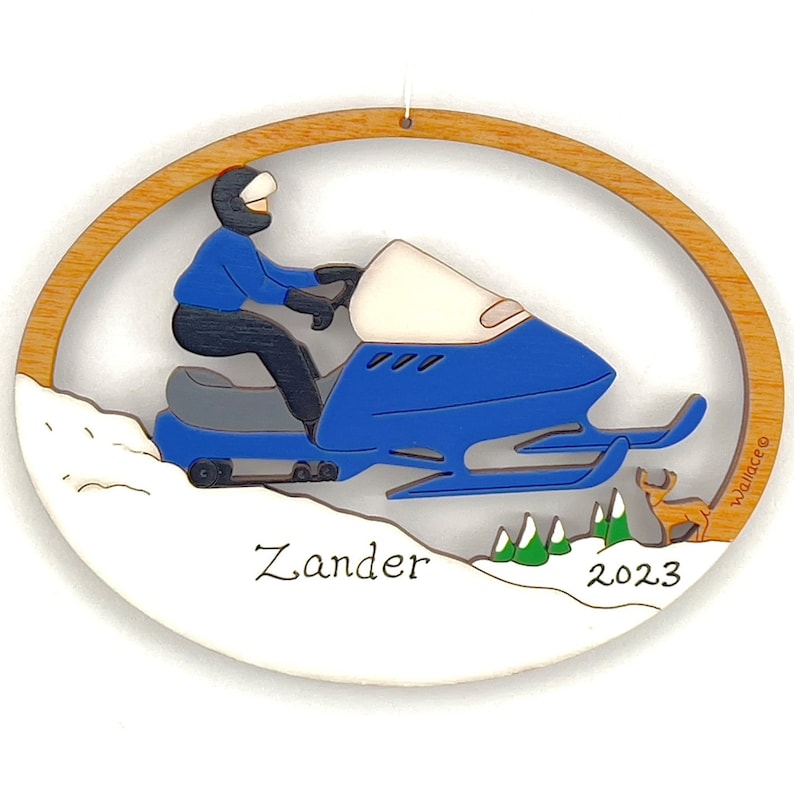 Personalized Snowmobile Christmas Ornament-Wood, Hand Painted, Laser Cut Blue