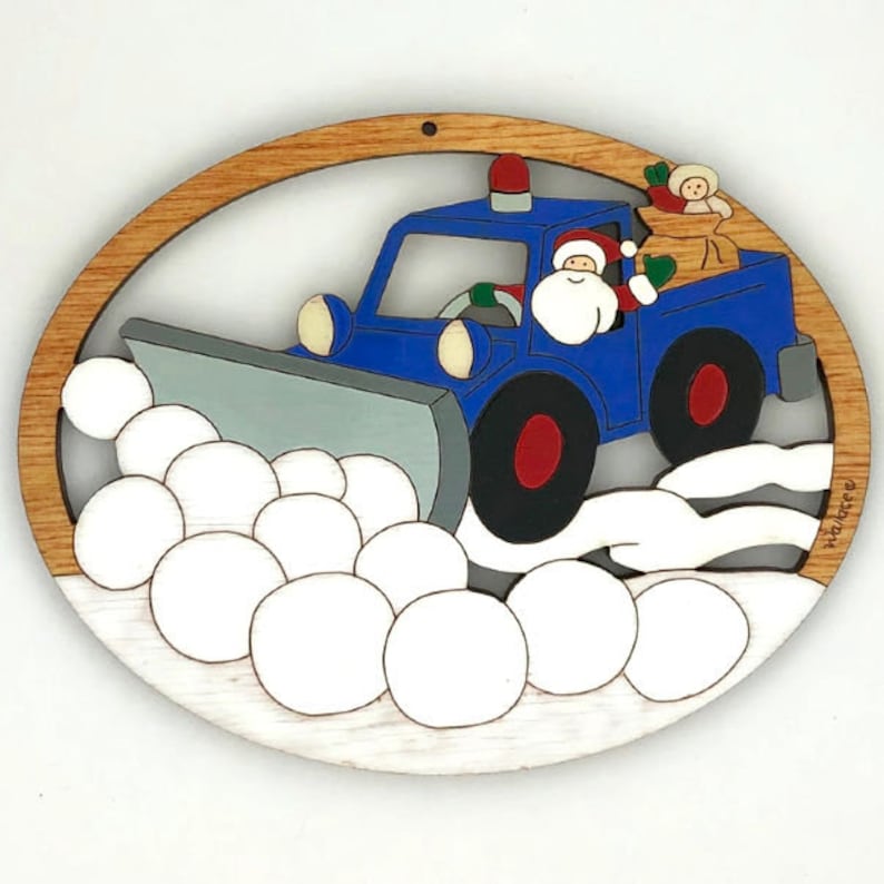 Hand Painted Personalized Snowplow Christmas Ornament Wood Laser Cut