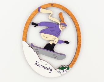 Personalized Snowboard Christmas Ornament for Girl Snowboarder with Custom Colors-Wood, Hand Painted, Laser Cut