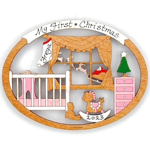 Personalized Baby's First Christmas Ornament for Baby Girl or Boy Wood, Laser Cut, Hand Painted Pink