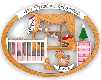 Personalized Baby's First Christmas Ornament for Baby Girl or Boy - Wood, Laser Cut, Hand Painted