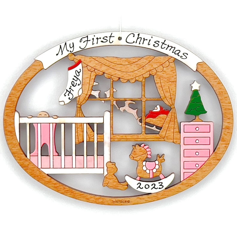 Personalized Baby's First Christmas Ornament for Baby Girl or Boy Wood, Laser Cut, Hand Painted Pink