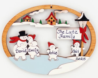 Personalized Snowman Family Ice Skating Christmas Ornament- Wood, Laser Cut, Hand Painted