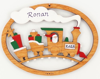 Personalized Children's Santa Train Christmas Ornament- Wood, Laser Cut, Hand Painted
