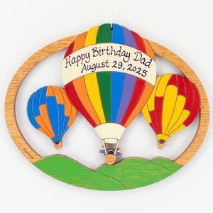 Personalized Hot Air Balloon Christmas Ornament-Wood, Laser Cut, Hand Painted