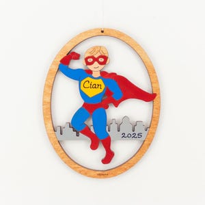 Personalized Super Hero Boy Christmas Ornament- Wood, Laser Cut, Hand Painted