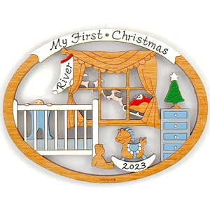 Personalized Baby's First Christmas Ornament for Baby Boy or Girl - Wood, Laser Cut, Hand Painted