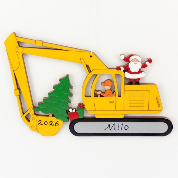 Personalized Christmas Excavator Construction Ornament- Wood, Laser Cut, Hand Painted