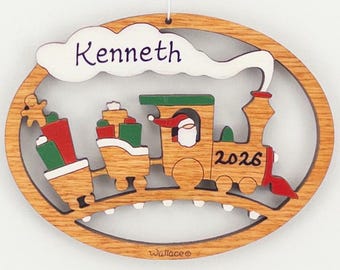 Personalized Children's Santa Train MINIATURE Christmas Ornament- Wood, Laser Cut, Hand Painted