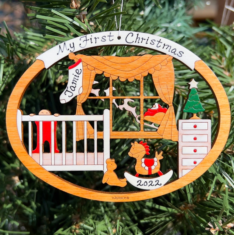 Personalized Baby's First Christmas Ornament for Baby Girl or Boy Wood, Laser Cut, Hand Painted image 7