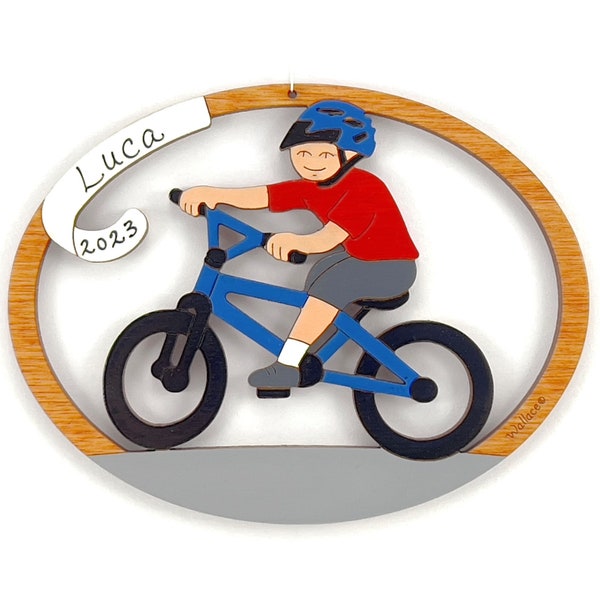 Personalized Boy Bike Riding Christmas Ornament- Wood, Laser Cut, Hand Painted