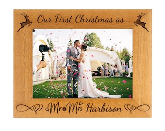 Our First Christmas as Mr & Mrs Personalised Photo Frame, Portrait or landscape -  6 colours available and 12 sizes