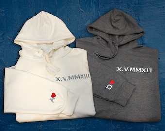 Roman Numerals Embroidered Matching Hoodie, Personalised Date and Initial Hoodie, Custom Initials With Heart on Sleeve, Valentines Gift