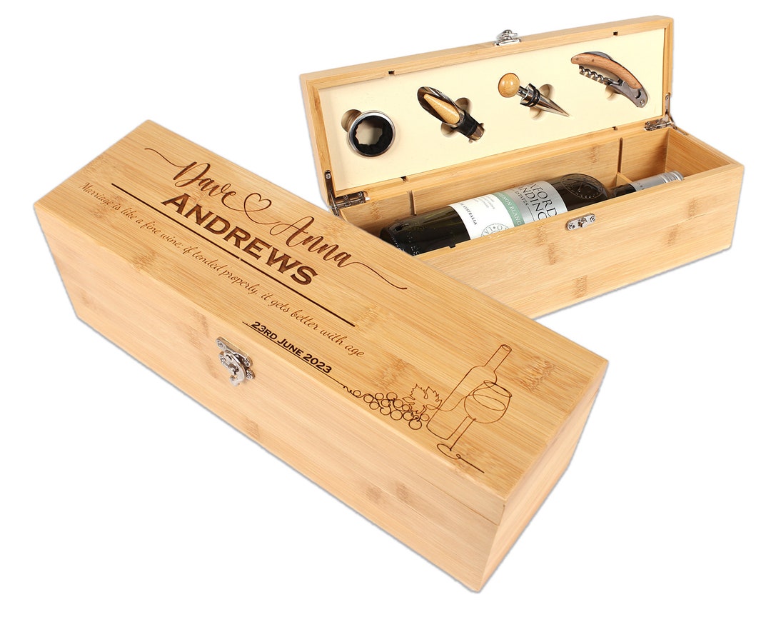 Wine Gift Box Set, Engraved Bamboo Bottle Box With Tools, Wedding Gift