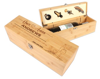 Wine Gift box set, Engraved Bamboo bottle box with Tools, wedding gift for him and her, Father's Day, birthday, anniversary gift