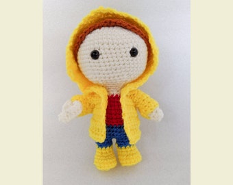 Crochet Boy in Yellow Slicker - raincoat, amigurumi, horror, toys, plush, stuffed, doll, Halloween, boat, cute, georgie, stephen king