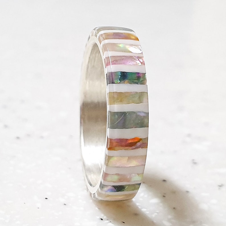 LUXE HAND handmade candy strip mother-of-pearl white silver ring image 7