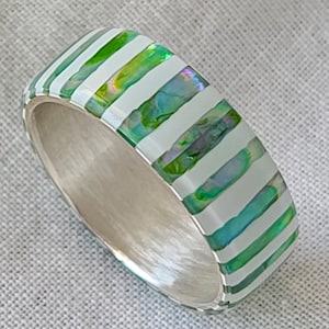 LUXE HAND handmade white green candy strip mother-of-pearl silver ring image 7