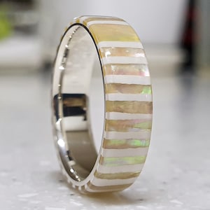 LUXE HAND handmade original strip mother-of-pearl white silver ring image 1