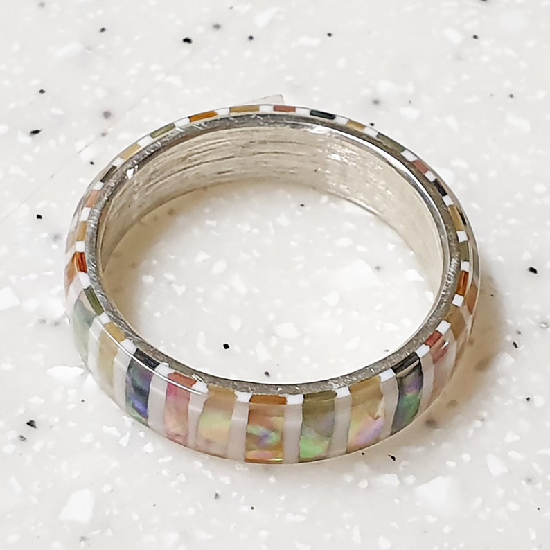 LUXE HAND handmade candy strip mother-of-pearl white silver ring image 8