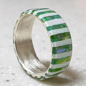 LUXE HAND handmade white green candy strip mother-of-pearl silver ring image 6