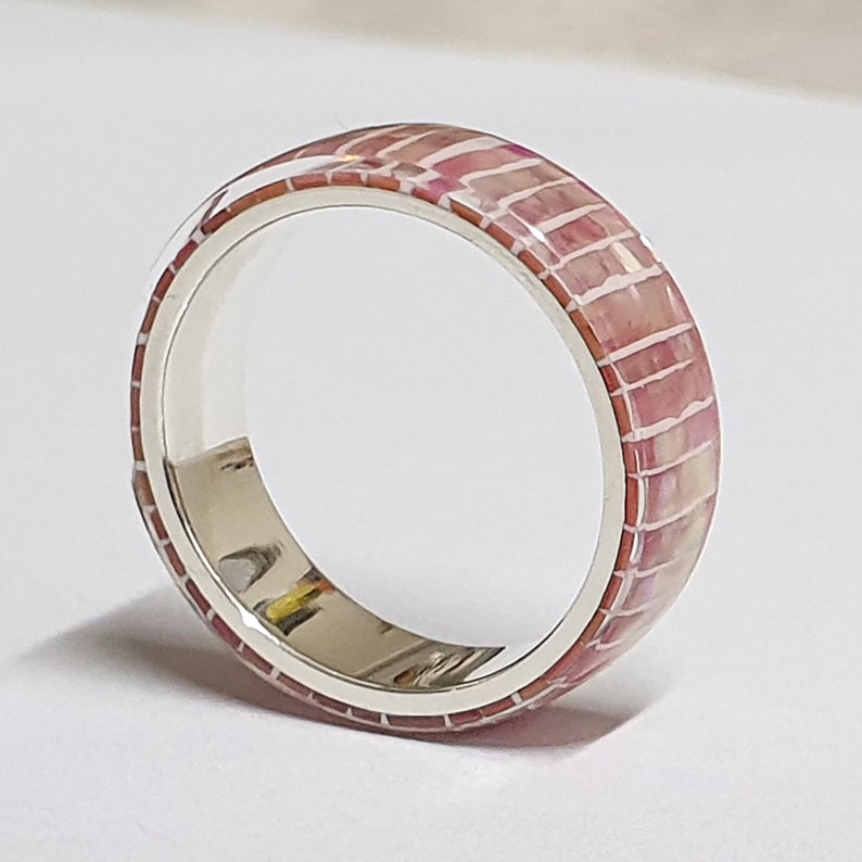 LUXE HAND Pink line strip mother-of-pearl white silver ring image 8