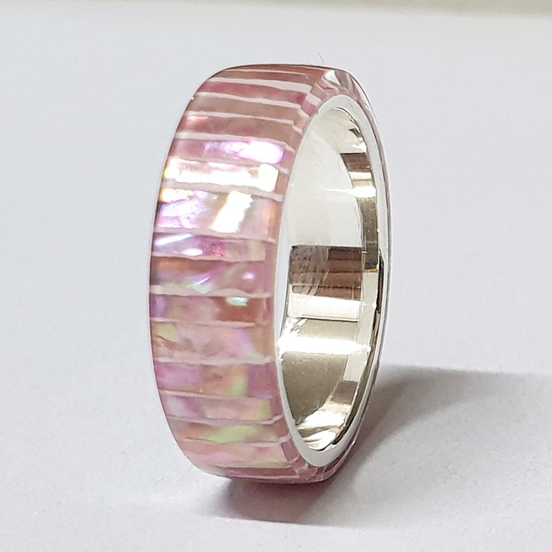 LUXE HAND Pink line strip mother-of-pearl white silver ring image 5