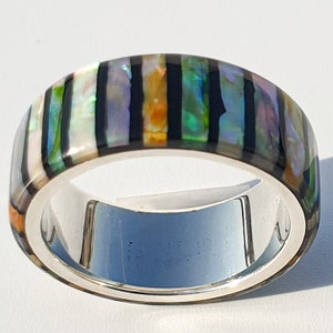 LUXE HAND rainbow line strip mother-of-pearl handmade silver ring male ring resin art image 5