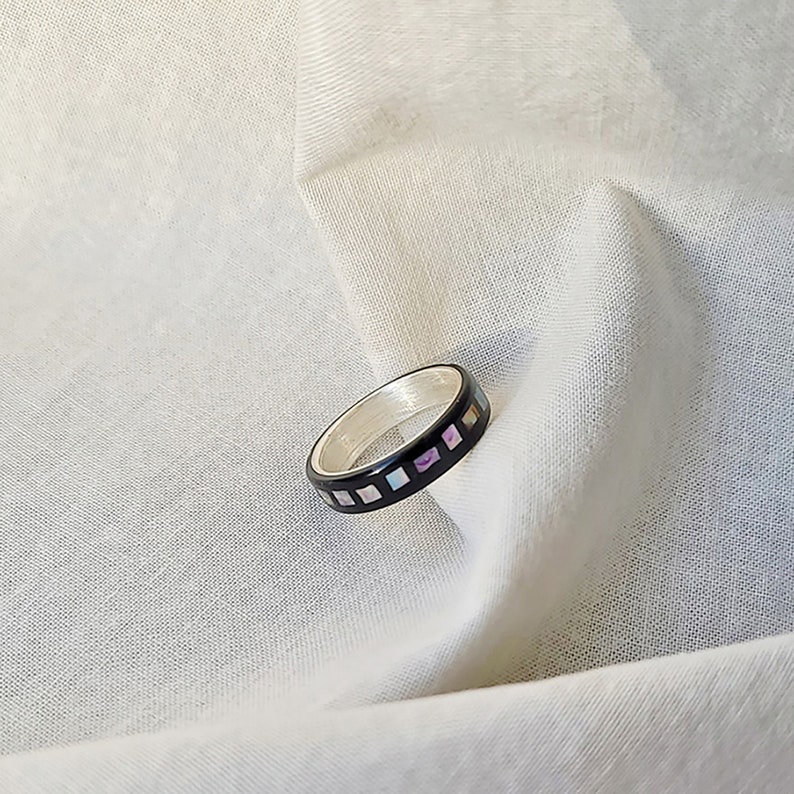 LUXE HAND handmade black rainbow dot mother-of-pearl silver ring image 10