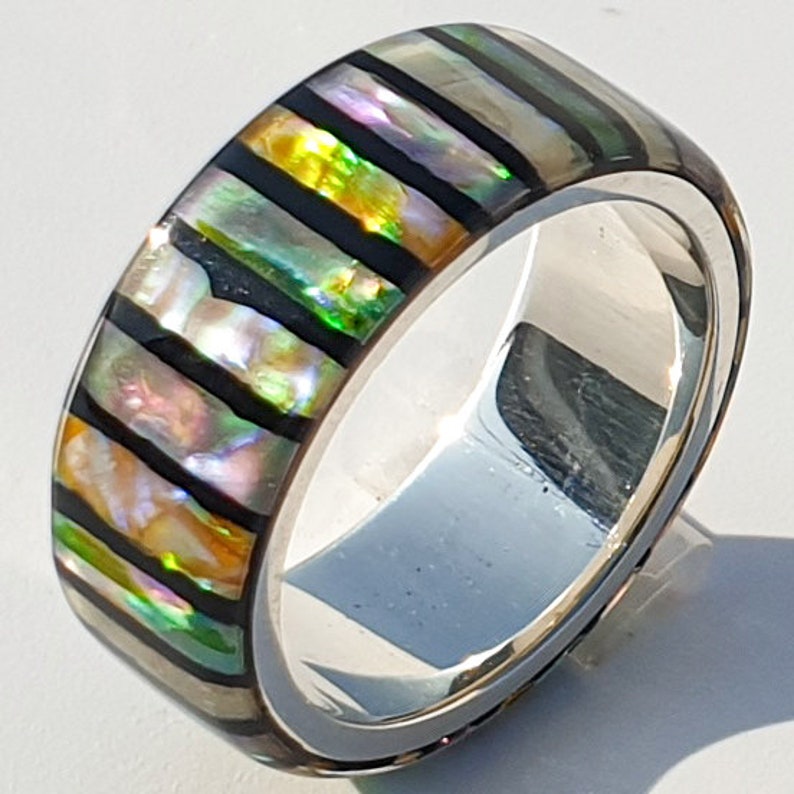 LUXE HAND rainbow line strip mother-of-pearl handmade silver ring male ring resin art image 7