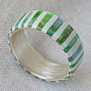 LUXE HAND handmade white green candy strip mother-of-pearl silver ring image 5