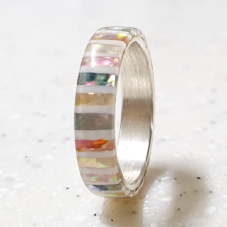 LUXE HAND handmade candy strip mother-of-pearl white silver ring image 3