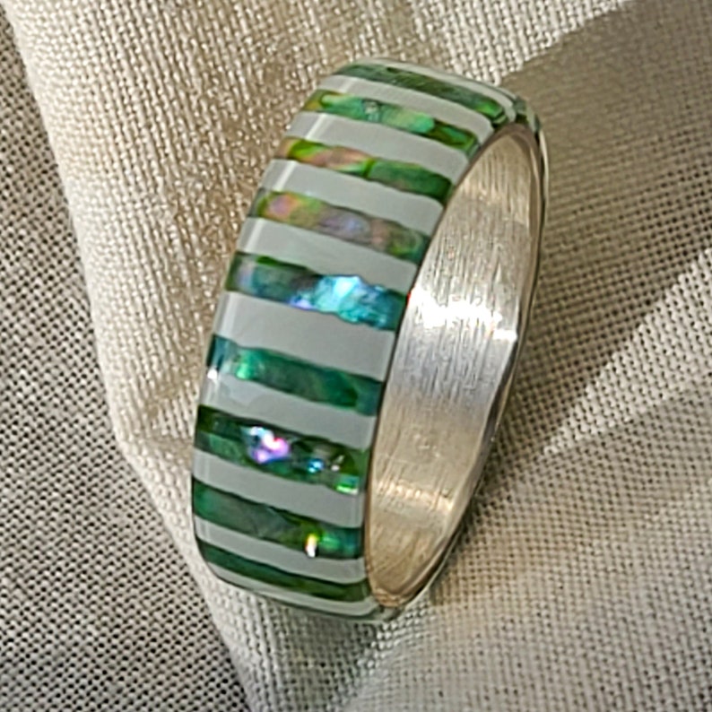 LUXE HAND handmade white green candy strip mother-of-pearl silver ring image 8