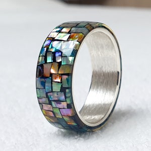 LUXE HAND Crush block rainbow mother-of-pearl black silver ring handmade resin art ring image 1