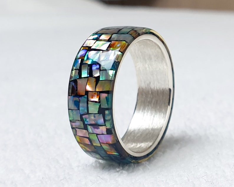 LUXE HAND Crush block rainbow mother-of-pearl black silver ring handmade resin art ring image 1