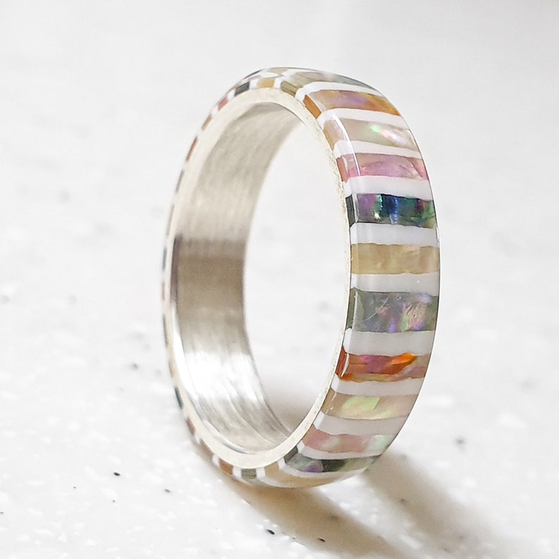 LUXE HAND handmade candy strip mother-of-pearl white silver ring image 1