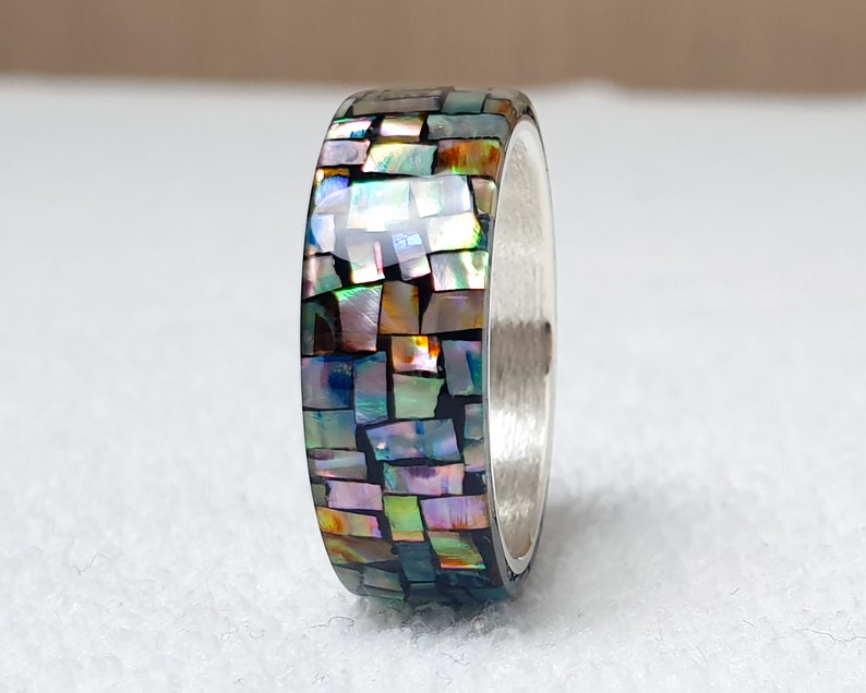 LUXE HAND Crush block rainbow mother-of-pearl black silver ring handmade resin art ring image 7