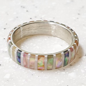 LUXE HAND handmade candy strip mother-of-pearl white silver ring image 5