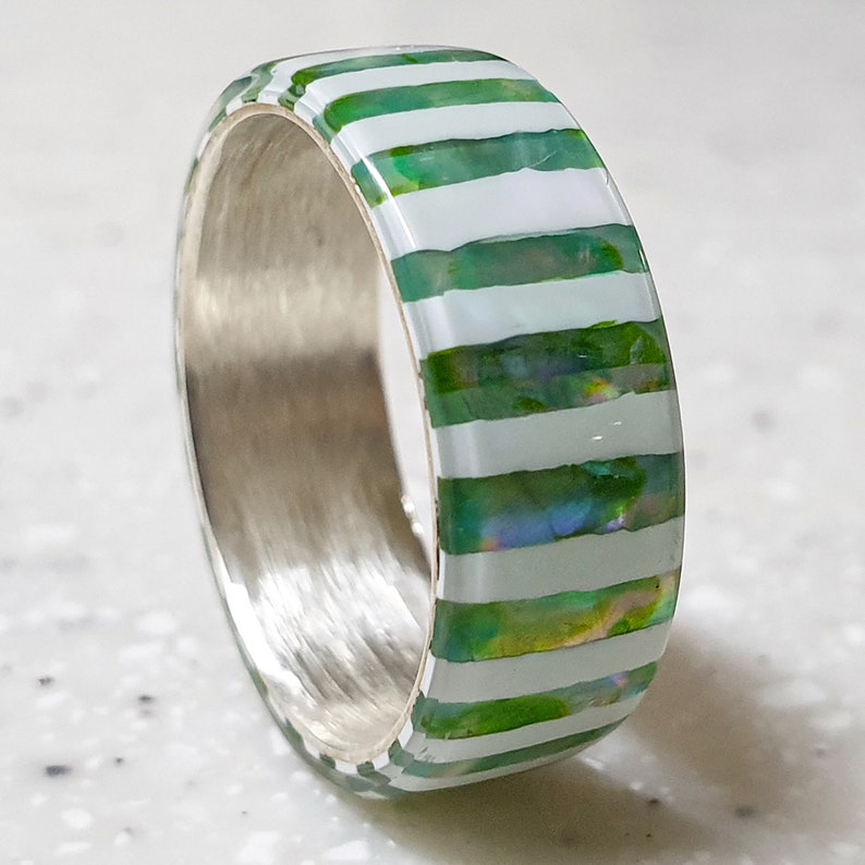 LUXE HAND handmade white green candy strip mother-of-pearl silver ring image 3