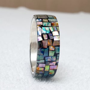 LUXE HAND Crush block rainbow mother-of-pearl black silver ring handmade resin art ring image 6