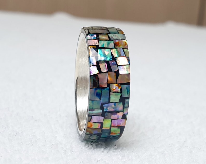 LUXE HAND Crush block rainbow mother-of-pearl black silver ring handmade resin art ring image 6