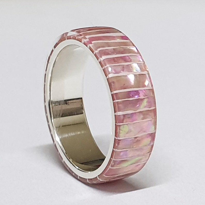 LUXE HAND Pink line strip mother-of-pearl white silver ring image 7