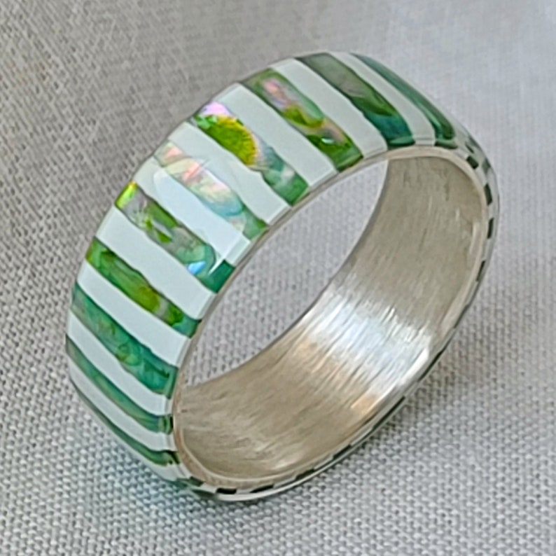 LUXE HAND handmade white green candy strip mother-of-pearl silver ring image 1