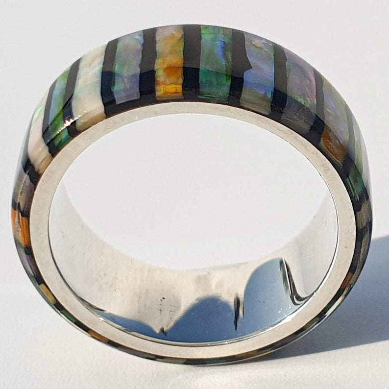 LUXE HAND rainbow line strip mother-of-pearl handmade silver ring male ring resin art image 4